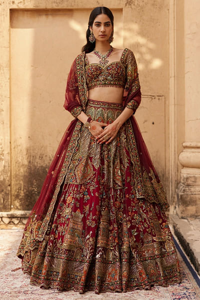Red dori and pearl embroidered lehenga set