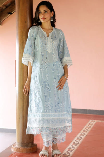Blue floral embroidery cotton kurta set