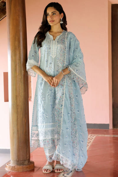 Blue floral embroidered cotton kurta set