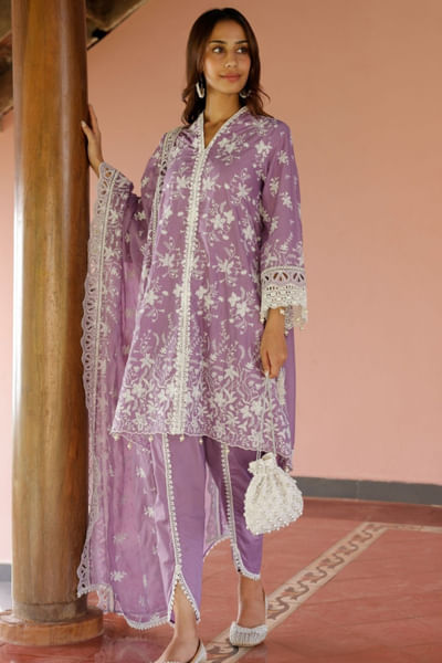 Violet floral embroidered kurta set