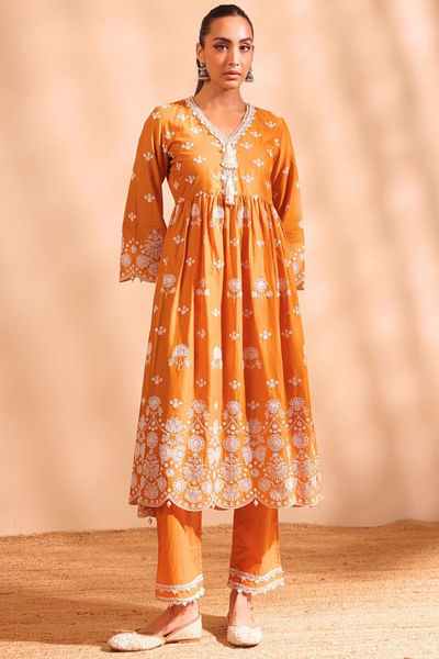 Orange floral embroidery anarkali set