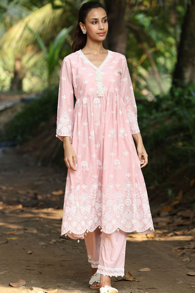 Pink floral embroidery anarkali set