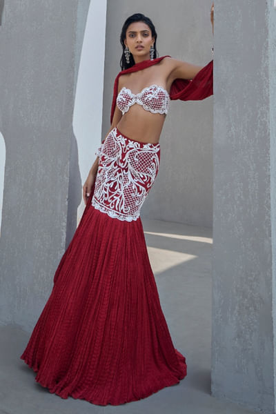 Red pearl embroidered skirt set
