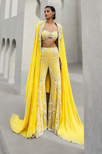 Yellow embroidered sharara set