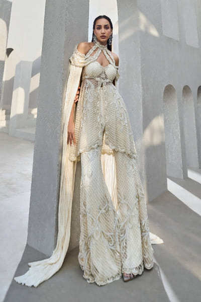 Ivory pearl embroidered sharara set