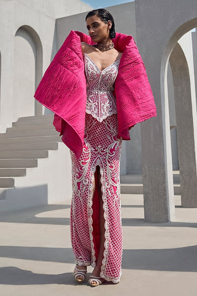Hot pink pearl embroidered skirt set