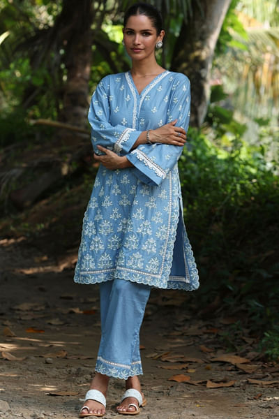 Denim floral embroidery kurta set
