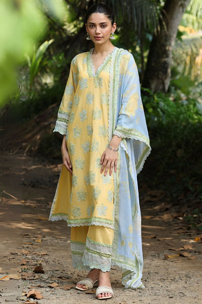 Yellow floral embroidered kurta set