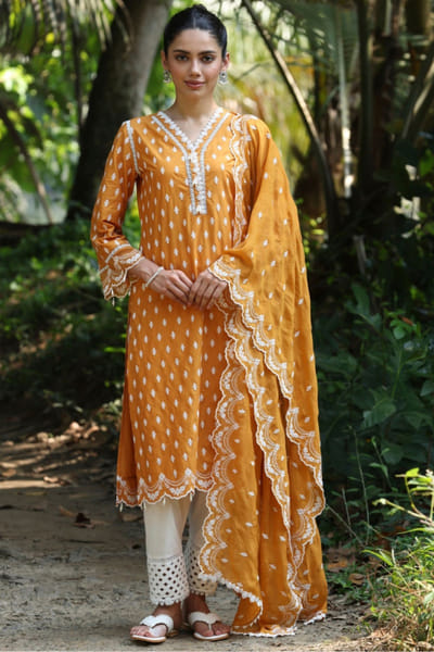 Orange floral embroidered kurta set