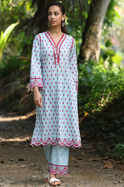 Light blue floral embroidery kurta set