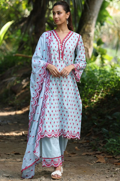 Light blue floral embroidered kurta set