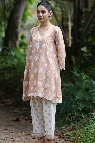 Caramel brown floral embroidery kurta set