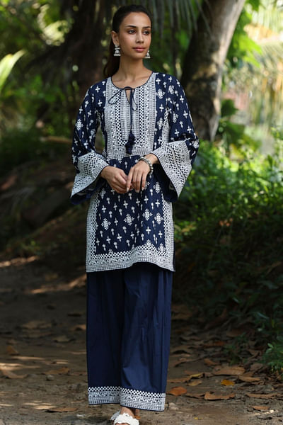 Navy embroidery short kurta set