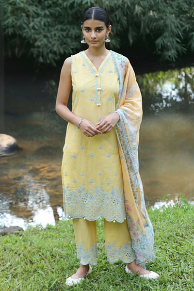 Yellow floral embroidered sleeveless kurta set