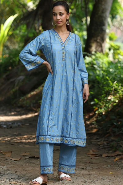 Denim floral embroidery cotton kurta set