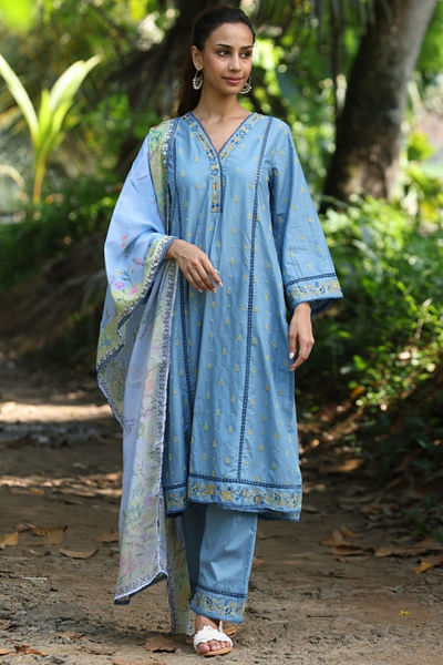Denim floral embroidered cotton kurta set