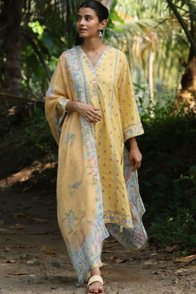 Yellow floral embroidered kurta set