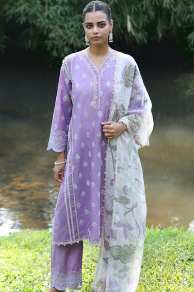 Violet floral embroidered kurta set