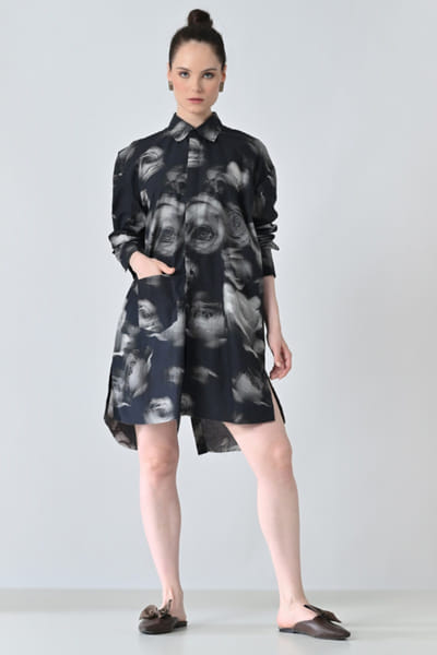 Samant Chauhan Black floral printed long shirt SAMAMAY26D144403