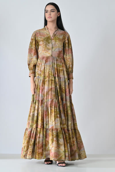 Samant Chauhan Beige floral printed and tiered maxi dress SAMAMAY26D144408