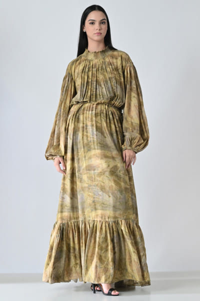 Samant Chauhan Olive green printed and gathered maxi dress SAMAMAY26D144409
