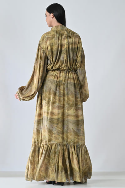 Samant Chauhan Olive green printed and gathered maxi dress SAMAMAY26D144409