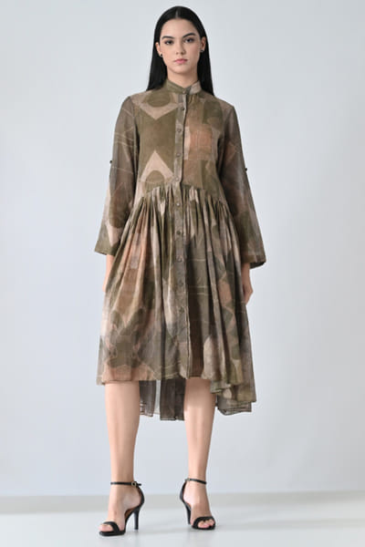 Samant Chauhan Beige abstract printed high-low dress SAMAMAY26D144412