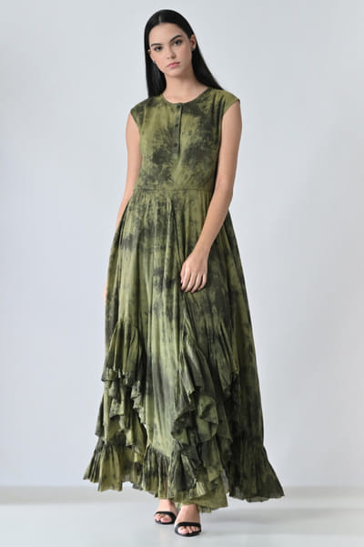 Samant Chauhan Olive green printed and layered maxi dress SAMAMAY26D144413