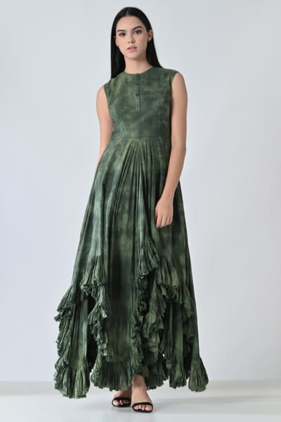Samant Chauhan Olive green printed and layered ruffle dress SAMAMAY26D144414