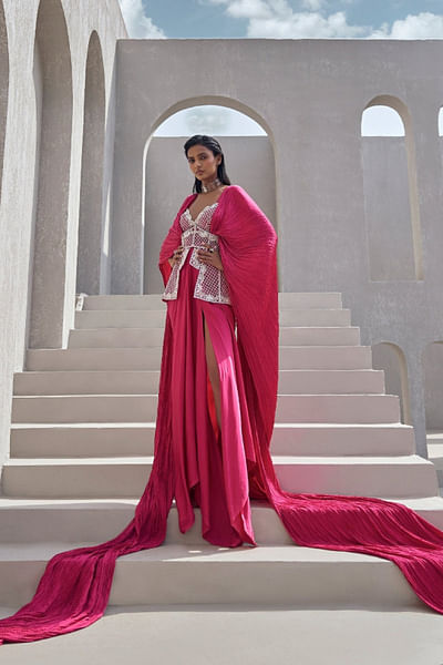Hot pink draped hight slit skirt set
