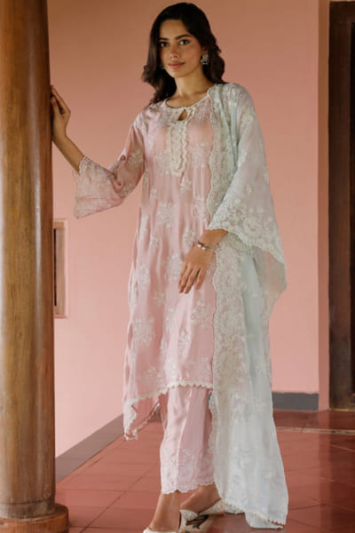 Onion pink floral embroidered kurta set