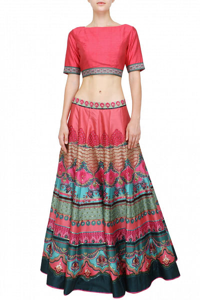 Pink choli with pink embroidered chintz skirt