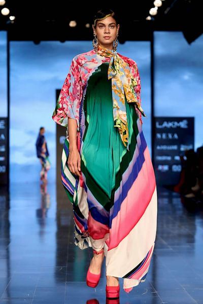 Multicoloured pleated kaftan dress