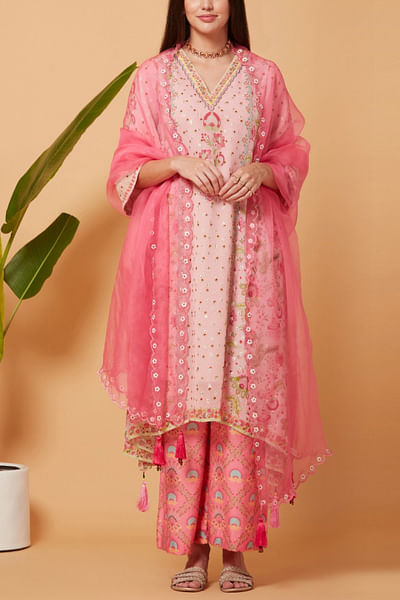 Pink asymmetric printed kurta set