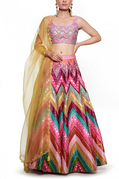 Multicoloured embellished lehenga set