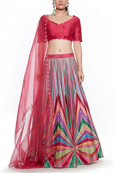 Multicoloured patterned lehenga set