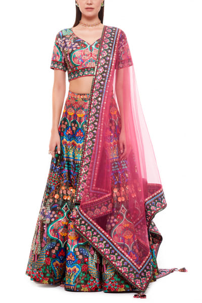 Multicoloured embroidered lehenga set