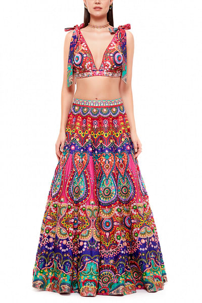 Multicoloured embroidered lehenga set