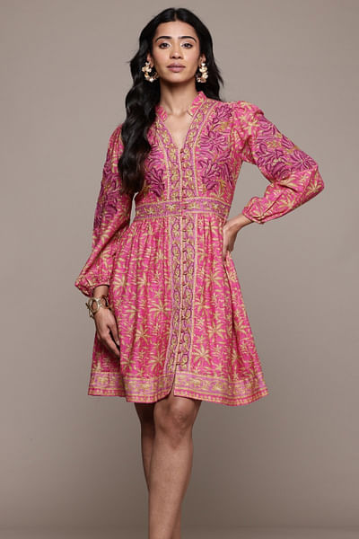 Pink floral embroidered short dress