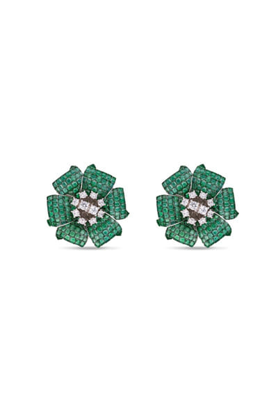 Green and silver floral embellished studs