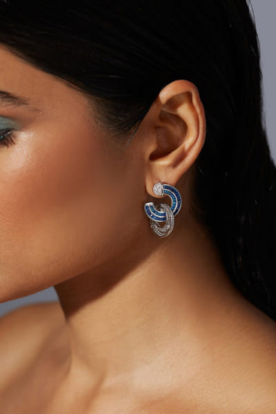 Blue and silver embellished hoop earrings