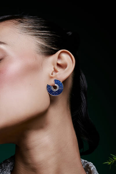Miss Jo Sapphire and silver geometric stud earrings MISSMAY26D345209