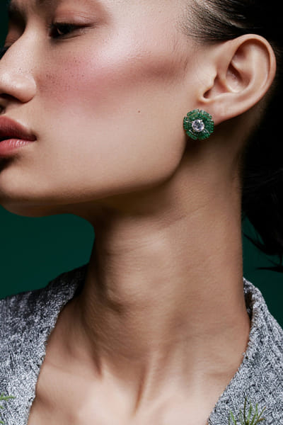 Green and silver floral stud earrings