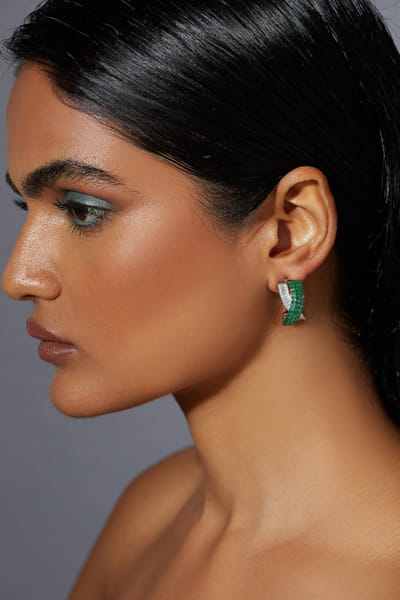 Green and silver embellished stud earrings