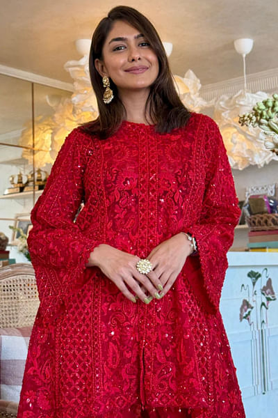 Red floral and paisley embroidery sharara set