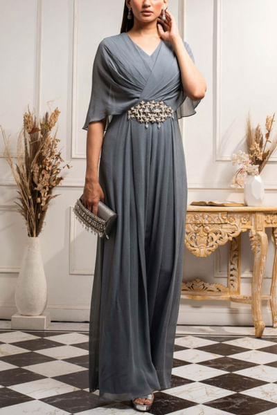 Stone blue draped jumpsuit