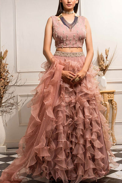 Dusty pink ruffled lehenga set