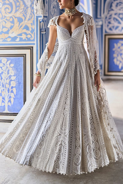 Cream sequin and pearl embroidered anarkali set