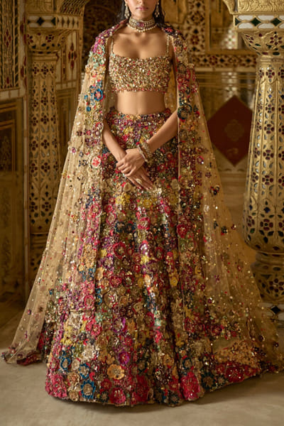 Multicolour floral embroidered lehenga set