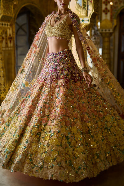 Multicolour 3D floral embroidered lehenga set